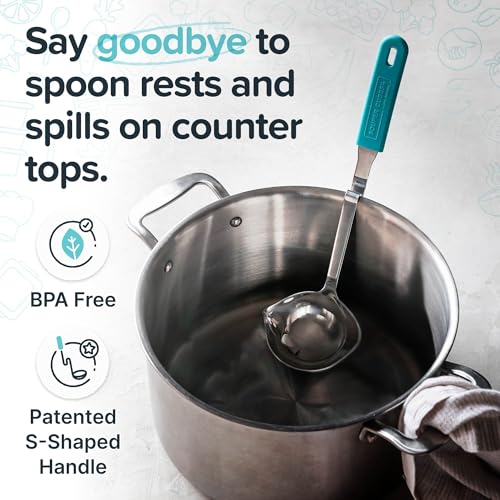 Souper Cubes + Lori Greiner No Mess Stainless Steel Soup Ladle with Silicone Handle - Metal Soup Ladle with No Mess Design That Hooks on Side of Any Pot - Aqua - color: Aqua, size: Ladle 1-Pack