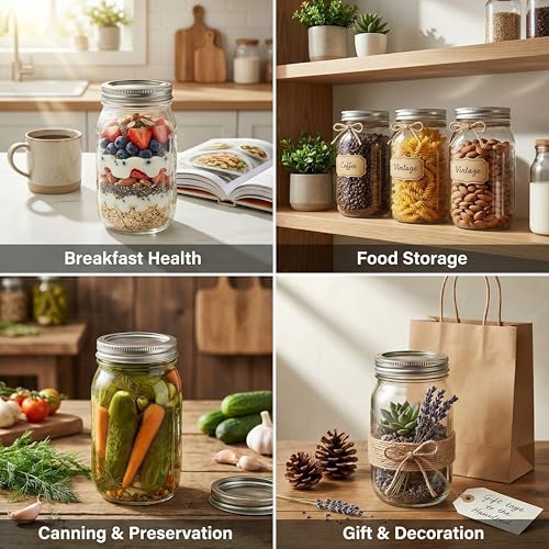 32 oz Wide Mouth Mason Jars with Airtight Lids and Bands, 6 Pack Quart Glass Canning Jars for Pickling, Meal Prep, Overnight Oats, Storage & DIY Crafts