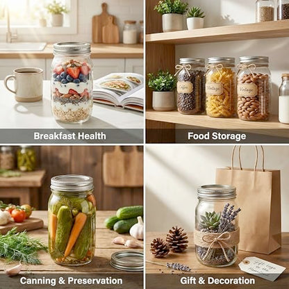 32 oz Wide Mouth Mason Jars with Airtight Lids and Bands, 6 Pack Quart Glass Canning Jars for Pickling, Meal Prep, Overnight Oats, Storage & DIY Crafts