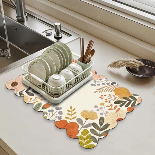 Scalloped Dish Drying Mats for Kitchen Counter, Orange Flowers for Spring Autumn, Cute Coffee Bar Mat for Countertop, Diatomite Absorbent, Kitchen Aesthetic Decor (12"x19", Orange Flowers) - color: Z-Orange Flowers, size: 19" x 12"