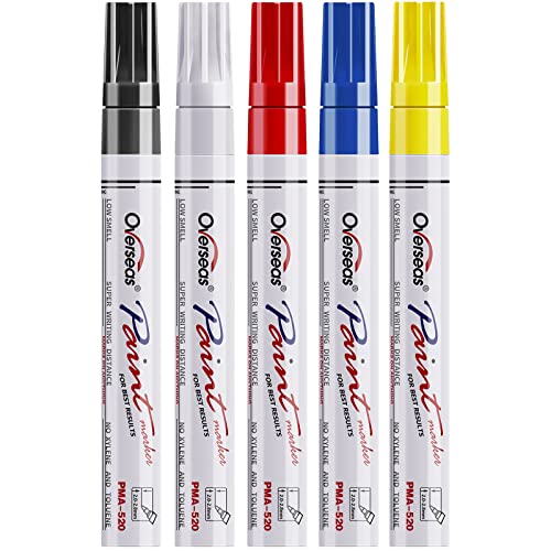 Overseas 5 Colors Paint Pens, Oil Based Permanent Paint Markers Medium Tip | Waterproof, Quick Dry, Fade Resistant, Assorted Colors Marker Pen for Metal, Rock, Wood, Rubber, Plastic, Glass, Canvas - size: 5 Count (Pack of 1)