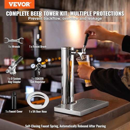 VEVOR Kegerator Tower Kit, Single Tap Beer Conversion Kit, Stainless Steel Keg Beer Tower Dispenser with Dual Gauge CGA320 Regulator & D-System Keg Coupler, Beer Drip Tray for Party Home - style: Single Tap