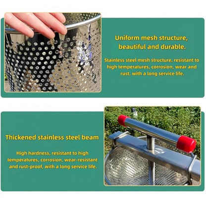 Stainless Steel Manual Honey Press with Nylon Mesh Bag – 10L Large Capacity Fruit Press and Beeswax Extractor for Beekeeping, Home Wine Making, and Juice