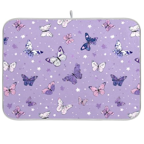 Dish Drying Mat for Kitchen Counter Cartoon White Butterflies Star Purple Absorbent Drying Dish Mat 16×18 inch Dish Rack Pad Coffee Mat for Sink Dishes Under Rack - color: multicolored.15, size: 16x18in