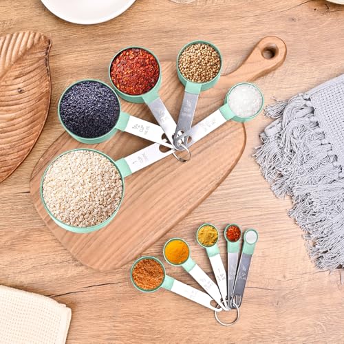 Measuring Cups and Spoons Set, 10 Pieces Nesting Measure Cups and Spoons, Kitchen Essentials Gadgets with Stainless Steel Handle for Dry & Liquid Ingredient (Lake Green 10 Pcs) - color: Lake Green 10 Pcs