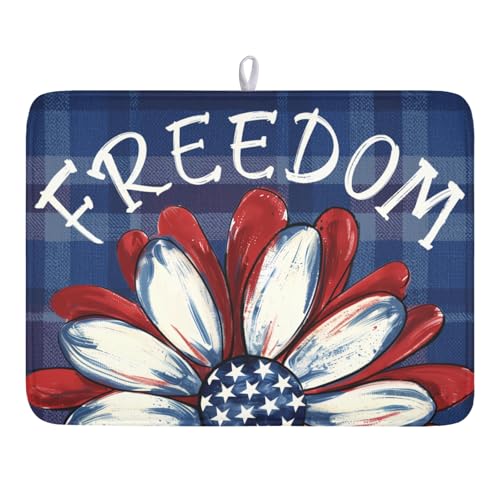 4th of July Dish Drying Mat 24x18 Inch, Patriotic Drying Mat with Absorbent Reversible Microfiber, Independence Day Dish Drainer Mats Memorial Day Rack Pad for Coffee Countertop Kitchen Protector - color: Patriotic Floral Navy Blue Red, size: 24" x 18"
