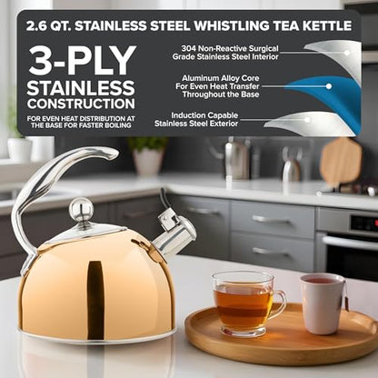 Viking 3-Ply Stainless Steel Tea Kettle, 2.6 Quart Stovetop Hot Water Pot with Tempered Glass Lid, Ergonomic Handle, Induction Ready, Rose Gold - color: Rose Gold