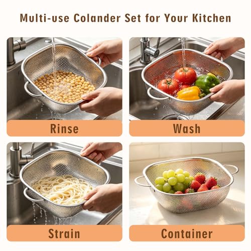 P&P CHEF Stainless Steel Colander Set, Strainers and Colanders for Kitchen | 3 Pcs Square Metal Colander Set, For Washing Draining Rinsing Spaghetti Fruit Food, Dishwasher Safe & Healthy, 2.4 / 4 / 6 Qt
