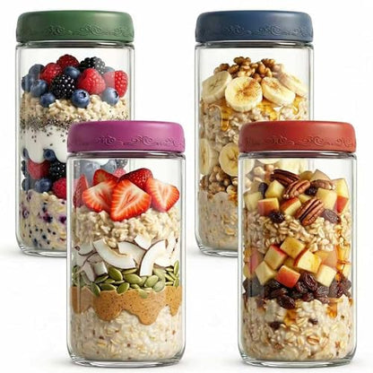 24oz 4Pack Glass Overnight Oats Jars Containers with Airtight Leakproof Lids, Reusable Mason Jars for Meal Prep, Yogurt Parfaits, Smoothies, Salads & Healthy Breakfasts (24 OZ-4-1) - color: 24 OZ-4Pack-1
