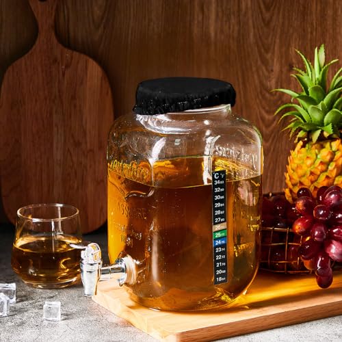 Ziliny 1 Gallon Kombucha Brewing Jar Kit Continuous Brewing Starter Kit, 2 Pack 1 Gallon Large Glass Kombucha Jar with Spigot, 6 Temperature Strips, 2 Elastic Cloth Covers for Home Fermentation