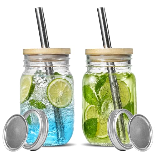 16oz Glass Mason Cup with Bamboo Lids, 2Pack Wide Mouth Mason Jars | Boba Cups with Lids and Straw, for Iced Coffee Juice Milkshake Tea - size: 2Pack 16oz