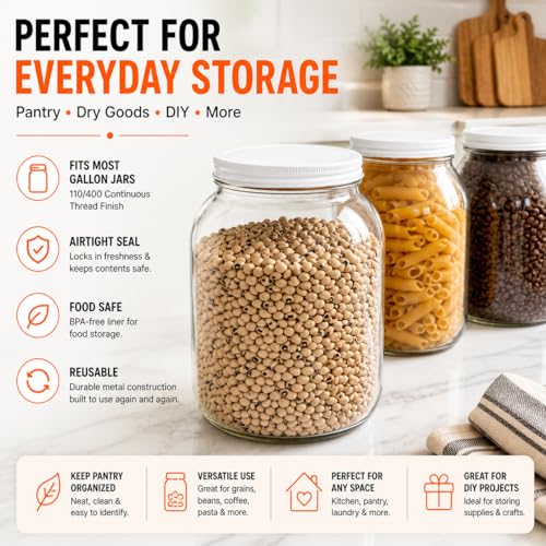 White Metal Lid for 1 Gallon & 1/2 Gallon Wide Mouth Glass Jars – 110mm (4.33") ID & (4.50") OD Fit – Food-Grade, Leak-Resistant Caps (Jars Not Included)