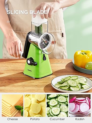Rotary Cheese Grater with Handle, Reemix Vegetable Cheese Shredder Slicer Grater for Kitchen 3 Changeable Blades for Cheese Potato Zucchini Nuts Chocolate (Green) - color: Green