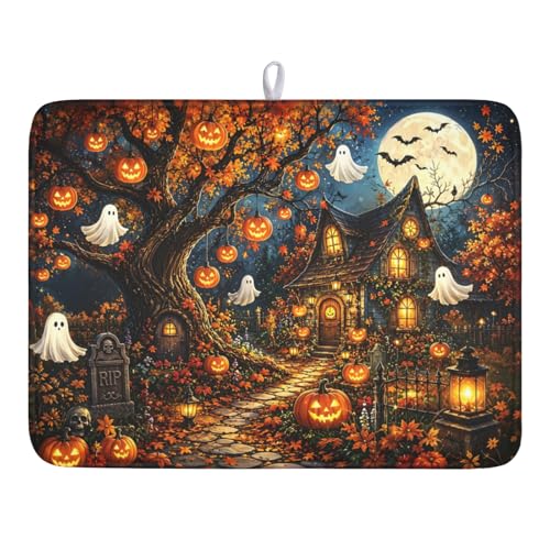 Halloween Dish Drying Mat for Kitchen Counter Seasonal Holiday Fall Spooky Pumpkin Ghost Microfiber Dish Drainer Mat Vintage Rustic Absorbent Washable Drying Pad 18"x24" - color: Halloween Pumpkin, size: 24" x 18"