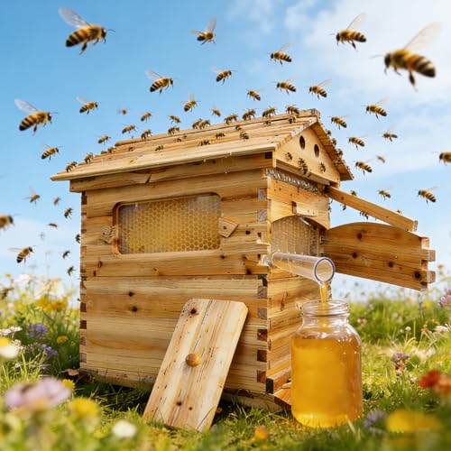 Wooden Beehive Starter Kit with Honey Collection System & Frames, Bee Hive Box with Observation Window, Beginner Friendly Backyard Beekeeping Kit for Honey Harvesting, 24"×22"×30"