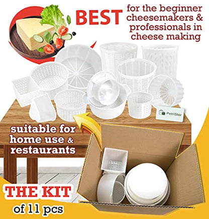 11 pcs Cheese Making Kit Beginners - Soft Cheese Molds + Cheese Mold with a Follower Piston - Cheese Making Supplies - Moldes Para Queso Fresco Casero - Paneer Cream Cheese Form Mold Basket № 2