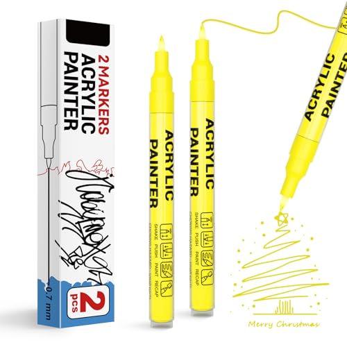 Acrylic Paint Pens Waterproof Markers 2 Yellow Permanent Marker Pens Acrylic Pens for Rock Painting Glass Stone Ceramic Metal Fabric Pebble Painting pens Craft Supplies - color: Yellow