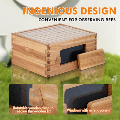 Honey Lake 10 Frame Beehive Deep Brood Box with Window, Langstroth Bee Hive Box Kit Dipped in Beeswax Include Wooden Frames & Waxed Foundations, Bee Boxes for Beekeeping Supplement (Unassembled) - size: 10-Frame