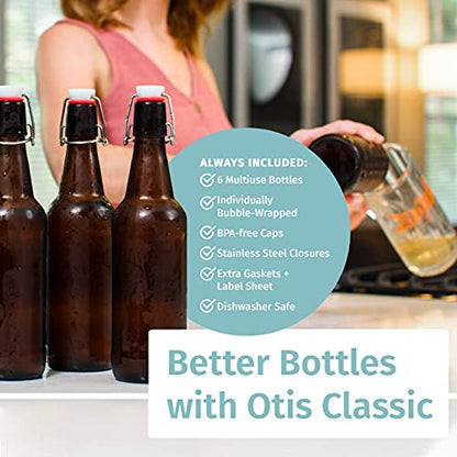 Otis Classic Swing Top Glass Bottles, Amber, Ceramic Cap, Set of 6, 16 oz | Clear Bottle, Includes Marker & Labels, For Juice, Water, Kombucha, Wine, Beer Brewing, Kefir Milk, Eggnog - color: Amber - Ceramic caps