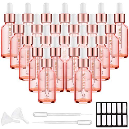 PrettyCare Glass Eye Dropper Bottles 24 Pack, 1oz (30ml) Rose Empty Thick Bottles Bulk with Leakproof Caps - With Labels & Funnels for Storage, Travel, Essential Oils, Cuticle Oils, Tinctures - color: 1oz Rose, style: 24 Pack