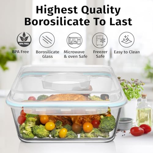 6500 ML / 220 oz / 28 Cup LARGE Glass Food Storage Container with Airtight Locking Lid. Ideal Storing food, Vegetables, Fruits. Baking Casserole, Lasagna, Roasting Turkey, Chicken BPA Free Oven Safe - size: 6500 ml