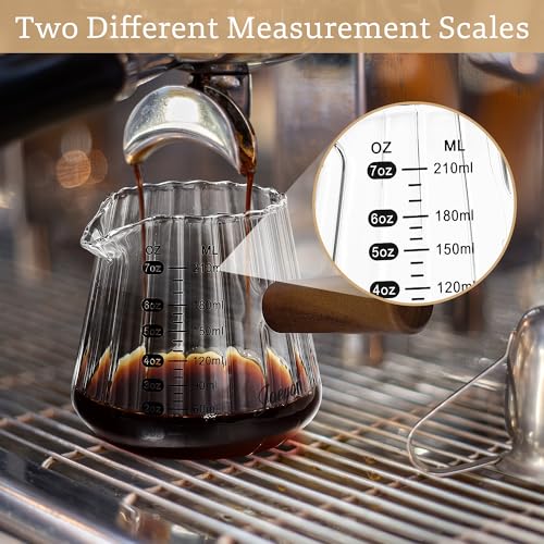 Joeyan 7 oz Espresso Cups, Glass Measuring Cup, Espresso Shot Cup with Spout and Wood Handle, Clear Espresso Shot Glass, Ribbed Milk Frothing Pitcher, Espresso Machine Coffee Bar Accessories - color: Clear ribbed espresso cup