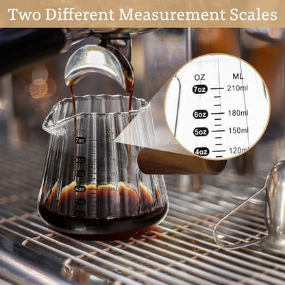 Joeyan 7 oz Espresso Cups, Glass Measuring Cup, Espresso Shot Cup with Spout and Wood Handle, Clear Espresso Shot Glass, Ribbed Milk Frothing Pitcher, Espresso Machine Coffee Bar Accessories - color: Clear ribbed espresso cup