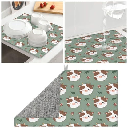 Cute Cow Mushrooms Green Leaf Dish Drying Mats for Kitchen Counter, Super Absorbent Microfiber Drainer Pad, Washable Reversible Appliance Protector, Everyday Kitchen Must-Have, 16x18 Inch - color: Cute Cow Mushrooms Green Leaf