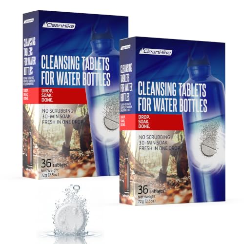 CleanHike Water Bottle Cleaning Tablets - 72 Bottle Cleaner Tablets for Tumblers, Stainless Steel & Bottles, Chlorine-Free & Bleach-Free, Individually Packed (2 Pack)