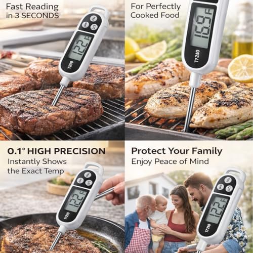 Digital Food Thermometer – Instant Read Meat Probe with LCD Display, °C/°F Switch, Long Stainless Steel Sensor for BBQ, Grill, Oven, Baking & Cooking Thermometer TP300 White - color: White