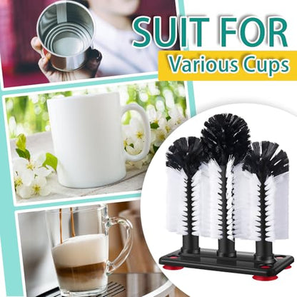 Havawish 2 Pack Water Bottle Cleaning Brush with Suction Base, 3 Head Bristle Bar Glass Washer for Sink, Cup Washer Brush Cleaner for Bar Beer Cup, Wine Glass, Long Leg Cup Kitchen Tools