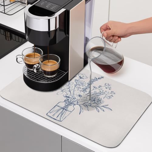 Wildflowers Dish Drying Mats for Kitchen Counter, Rustic Vintage Floral Blue Flower Mason Jar Line Art Absorbent Coffee Bar Mat with Non-slip Rubber Backed Quick Drying Dish Rack Pad 12"x16" - size: 16" x 12"