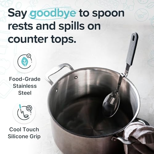 Souper Cubes + Lori Greiner No Mess Stainless Steel Cooking Spoon with Silicone Handle - Stainless Steel Serving Spoon No Mess Design Hooks on Side of Any Pot - Charcoal - color: Charcoal, size: Spoon 1-Pack