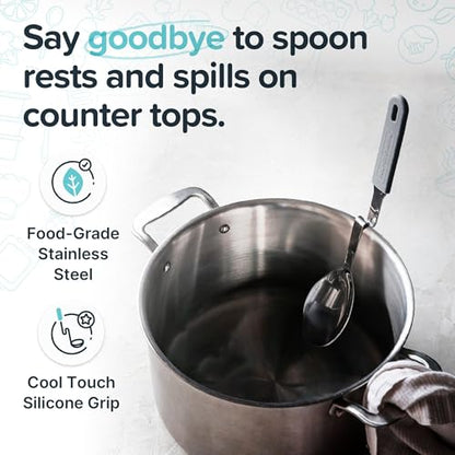 Souper Cubes + Lori Greiner No Mess Stainless Steel Cooking Spoon with Silicone Handle - Stainless Steel Serving Spoon No Mess Design Hooks on Side of Any Pot - Charcoal - color: Charcoal, size: Spoon 1-Pack