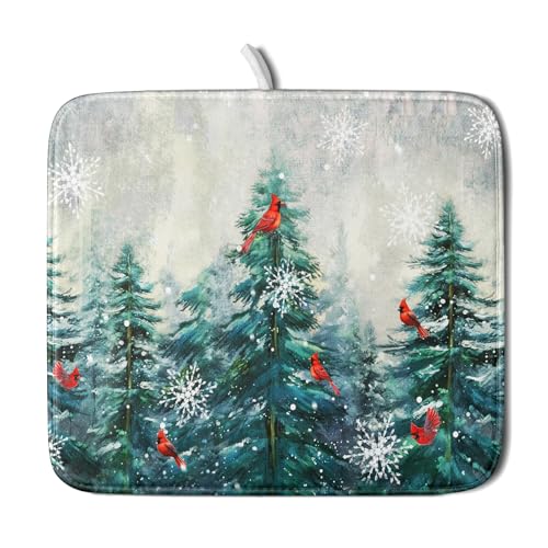 Pine Tree Dish Drying Mat for Kitchen Countertop Red Bird Dishes Mats Winter Decorative Absorbent Reversible Drainer Rack Pad 16x18 Inch - color: Pine Red Bird, size: 16" x 18"