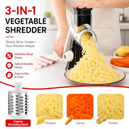 Rotary Cheese Grater with Hand Crank - Cheese Shredder with 3 Interchangeable Stainless Steel Blades, Suction Base & Ergonomic Handle | Vegetable Slicer, Food Grater for Cheese, Nuts & Chocolate
