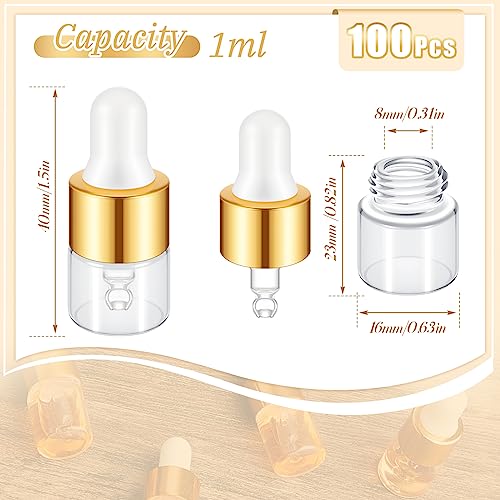 Didaey 100 Pcs 1/2/3/5/10/15 ml Mini Glass Oil Dropper Bottle Bulk, Clear Essential Small Empty Bottles Sample Containers Perfume Liquid Vials with Cap for Traveling (1 ml,Champagne Gold) - color: Champagne Gold, size: 1 ml
