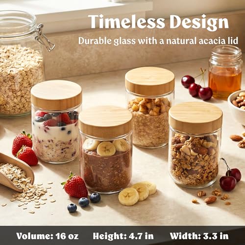 EDELHAUS Overnight Oats Containers with Lids Bamboo (4 x 16oz) Glass Jars for Oatmeal, Meal Prep, Food Storage | Leak-Proof Mason Jars for Oats, Cereal, Yogurt, Chia Pudding [Thicker Glass 3mm] - color: Bamboo Lid no Spoons