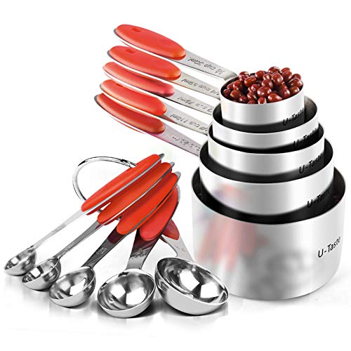 Measuring Cups : U-Taste 18/8 Stainless Steel Measuring Cups and Spoons Set of 10 Piece, Upgraded Thickness Handle(Red) - color: Red