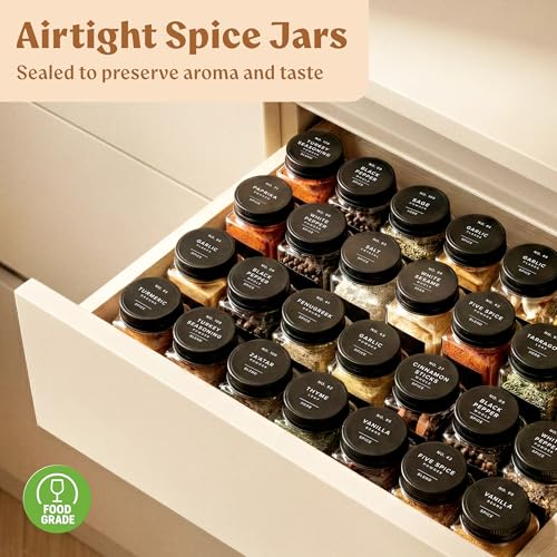 EDELHAUS Glass Spice Jars with Label and Black Aluminium Lids (24 x 4oz) Spice Containers with 240 Labels, Shaker Inserts, Steel Funnel, Empty Square Seasoning Organizer (Black Aluminium Lid) - color: Black Aluminum Lid
