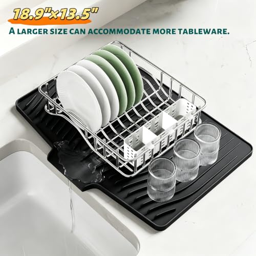 CIEO Silicone Dish Drying Mat for Kitchen Counter, Slope Fast Self-Draining, Non-Slip Drain Pad, Easy Clean Countertop Protection Mat, Multiple Use for Dishes Drying Rack（18.9"x 11.9",Black）