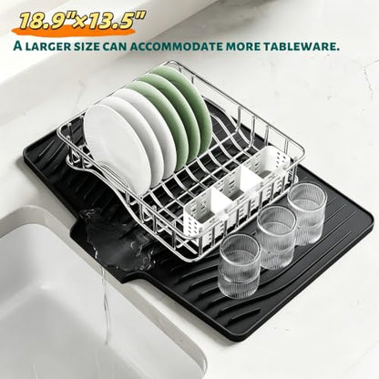 CIEO Silicone Dish Drying Mat for Kitchen Counter, Slope Fast Self-Draining, Non-Slip Drain Pad, Easy Clean Countertop Protection Mat, Multiple Use for Dishes Drying Rack（18.9"x 11.9",Black）