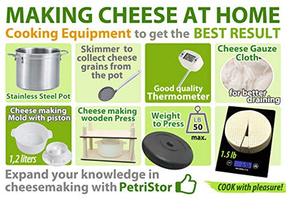 PetriStor Cheese Mold for Cheese Making Cheese with Follower Piston 1.3QT and Cheesecloth - Cheese Form Mold - Cheese Making Basket - Paneer Cheese Press Mold - Molde Para Queso