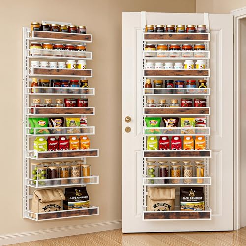 9 Tier Over the Door Pantry Organizer 2 IN 1 Hanging or Wall Mounted Spice Rack with Adjustable Basket,Heavy Duty Seasonning Storage Shelf for Kitchen Pantry and Bathroom White - color: White, size: 9 Tiers