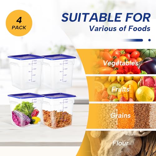 4 Pack 18QT Square Food Storage Containers with Lids | Clear NSF polycarbonate containers with scale, label and measuring cup, stackable for prep, storage, freezer. Dishwasher safe - color: 18Qt
