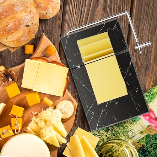 TOPULORS Marble Cheese Slicer with 5 Replacement Thick Cutting Wires, Black | Heavy-Duty 5"x8" Handheld Marble Board Cheese Slicer Cutter, Smoothly Cuts Block Cheese & Butter, Daily Kitchen Gadget - color: Black