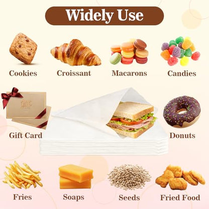 MAQIHAN 100 Paper Sandwich Bags - 8"x8" Wax Paper Lunch Bags, White Cookie Glassine Bags for Food Take Out, Cookie Sleeves, Food Packaging for Bread, Toaster, Bagel, Pastry, Treat, Snack, Soaps - size: 8x8"
