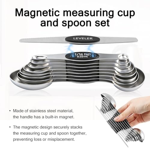 Measuring Cup and Magnetic Measuring Spoons Set, 8 Stainless Steel Nesting Measuring Cup & 8 Double Sided Stackable Magnetic Measuring Spoons & 1 Leveler for Cooking Dry & Liquid Ingredients