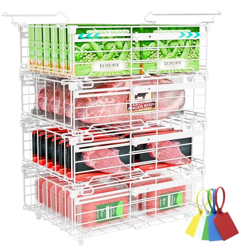 OPENICE Deep Freezer Organizer Bins, Expandable from 11.0" to 17.0" Stackable Freezer Baskets for Chest Freezer with 5 Tags, Bins for Chest Freezer Organization - 4 PCS, White - color: White