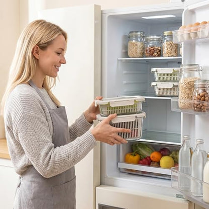 GENICOOK Glass Produce Storage Containers for Fridge, 2-Pack – Airtight Fruit & Vegetable Containers with Removable Colanders, Flexible Silicone Lids,LeakProof, BPA-Free Borosilicate Glass - color: Beige